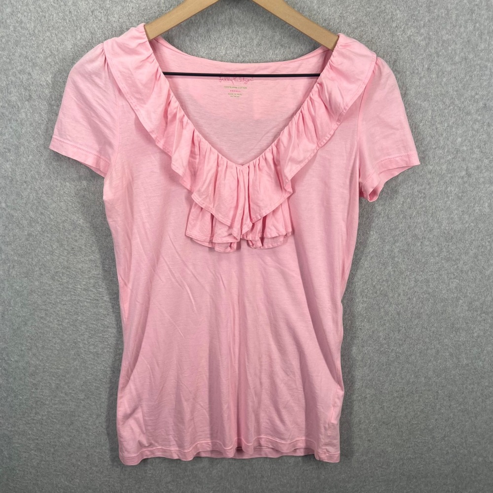 Lilly Pulitzer Pink Pima Cotton‎ Ruffle V-Neck Short Sleeve Top XS 28029